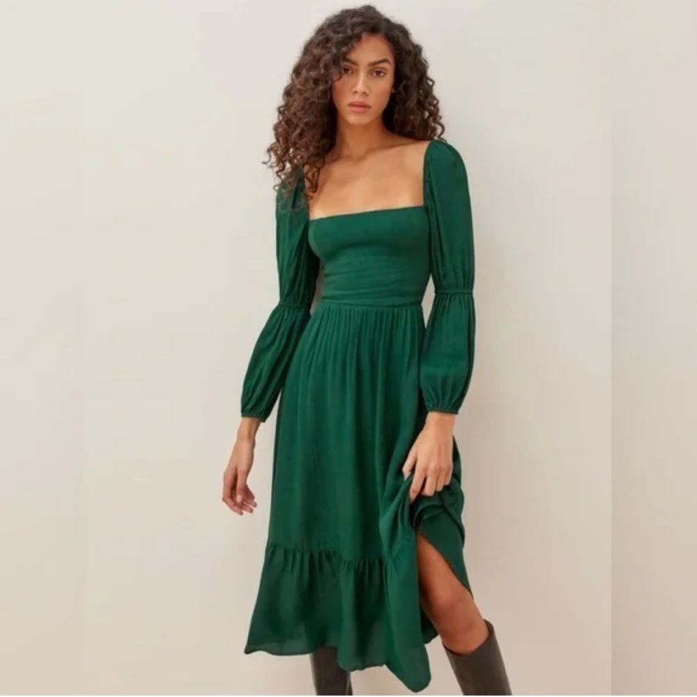Reformation‎ Mica Emerald Green Long Sleeve Square Neck Midi Dress